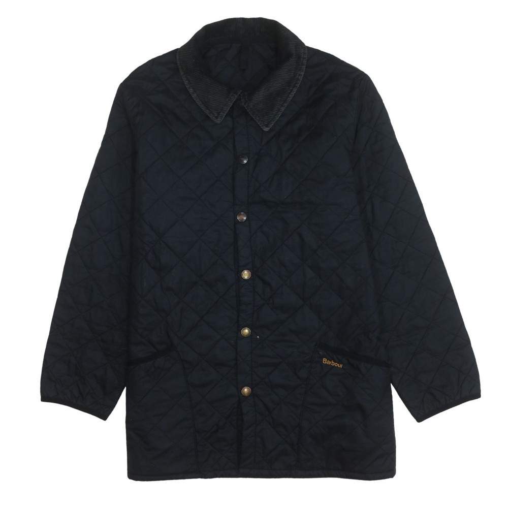 Barbour Mens Quilted Jacket Black Liddesdale Cord Collar Snap Embroidered M