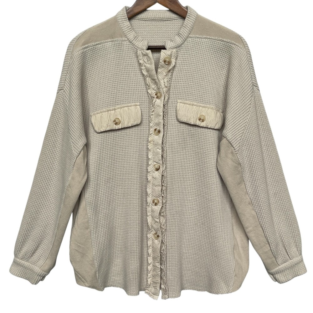 Chouyatou Women Waffle Knit Shirt Jacket Size M Beige Button Up Long Sleeve