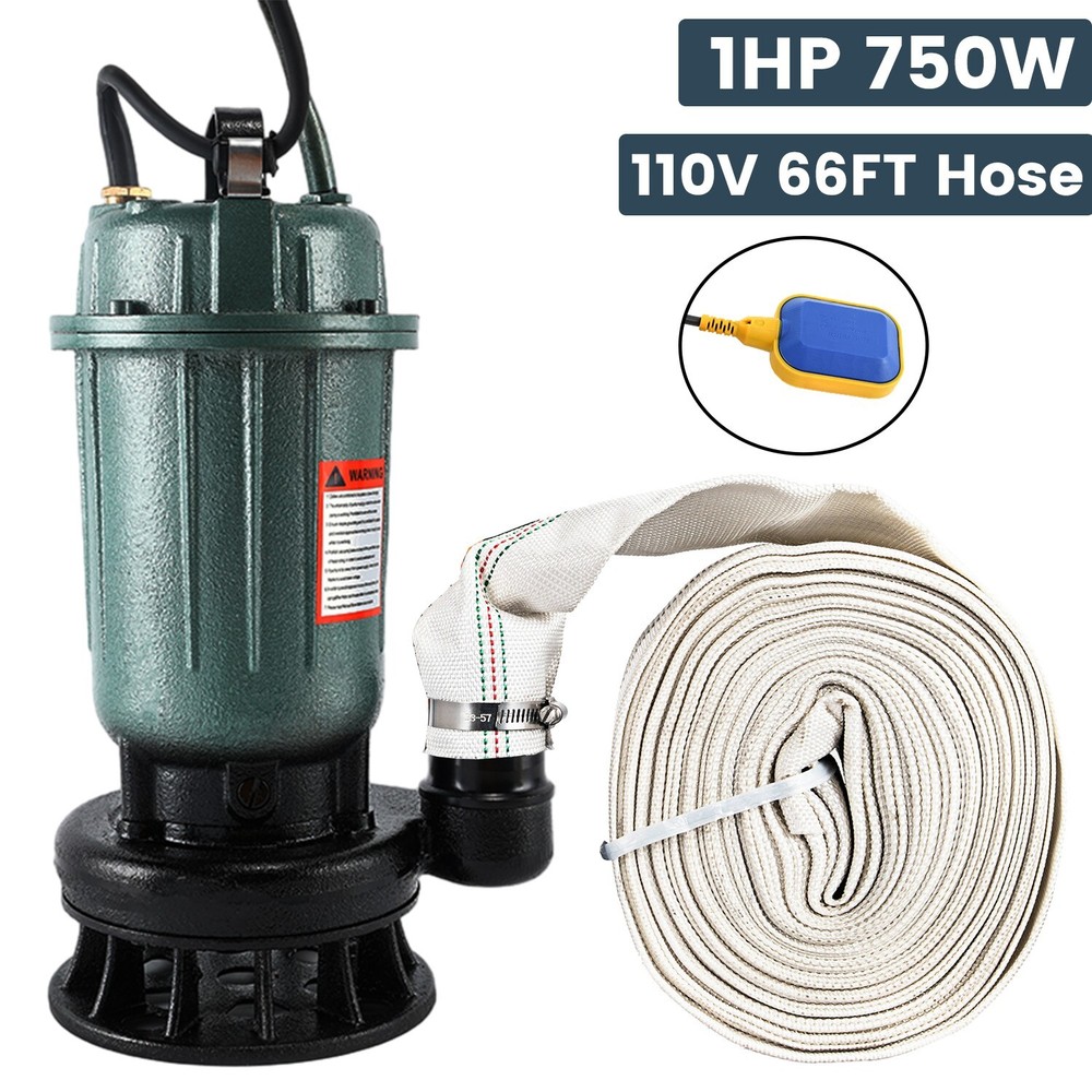Submersible Sump Pump 1HP 750W Cast Iron Sewage Pump 4000GPH w/66ft HOSE 110V