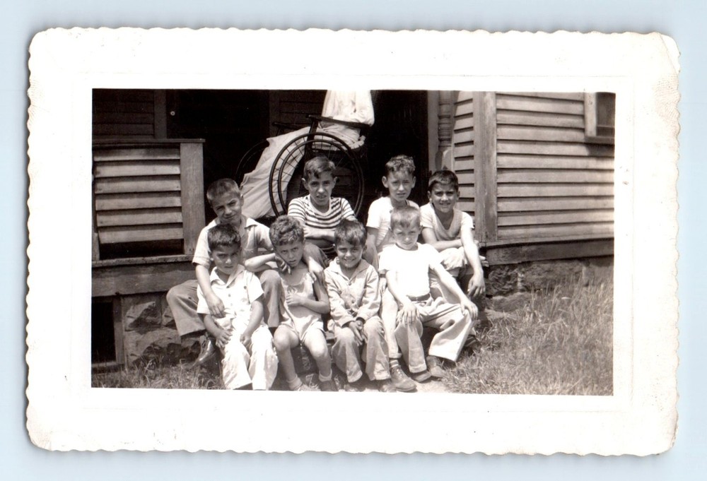 Old Vintage Photo BAD CROP BOYS SITTING BY WOMAN IN WHEEL CHAIR FRONT PORCH