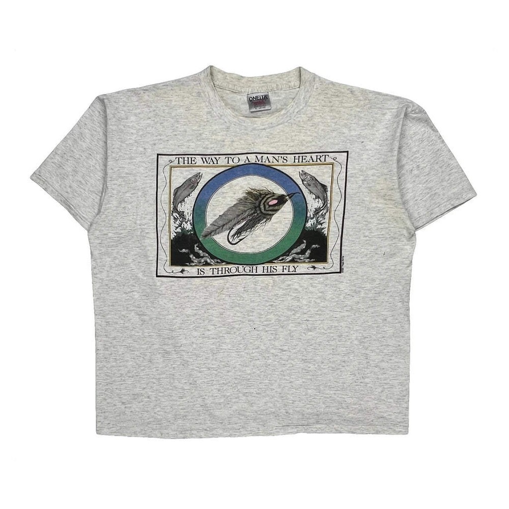 Single Stitch Oneita Graphic T-Shirt - XL Gray Cotton