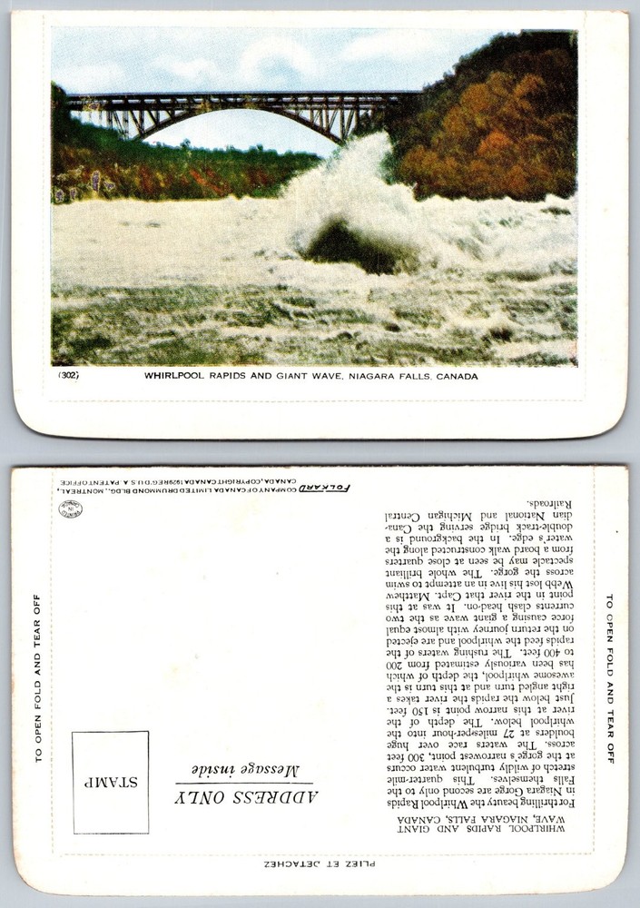 1929 Whirlpool Rapids Niagara Falls Canada Postcard Folkard Bridge Wave