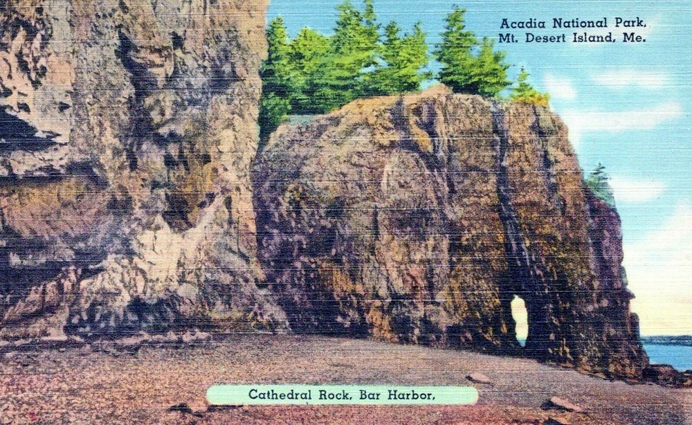 Cathedral Rock Bar Harbor Acadia National Park Maine Vintage Linen Post Card-image