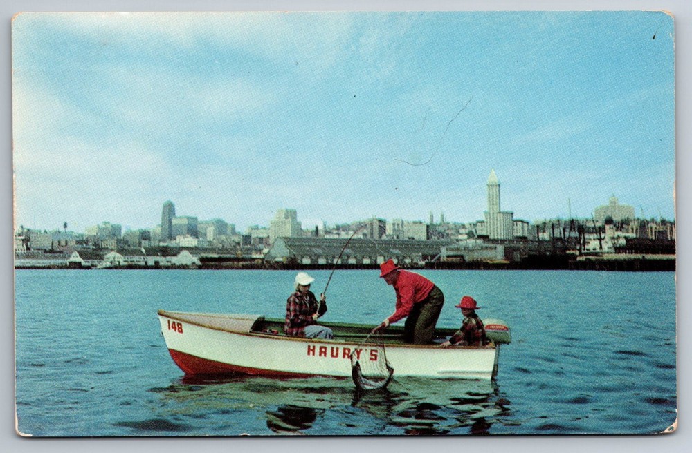 Postcard Seattle, WA Fishing At Seattle's Front Door Salmon Fishing Elliott Bay