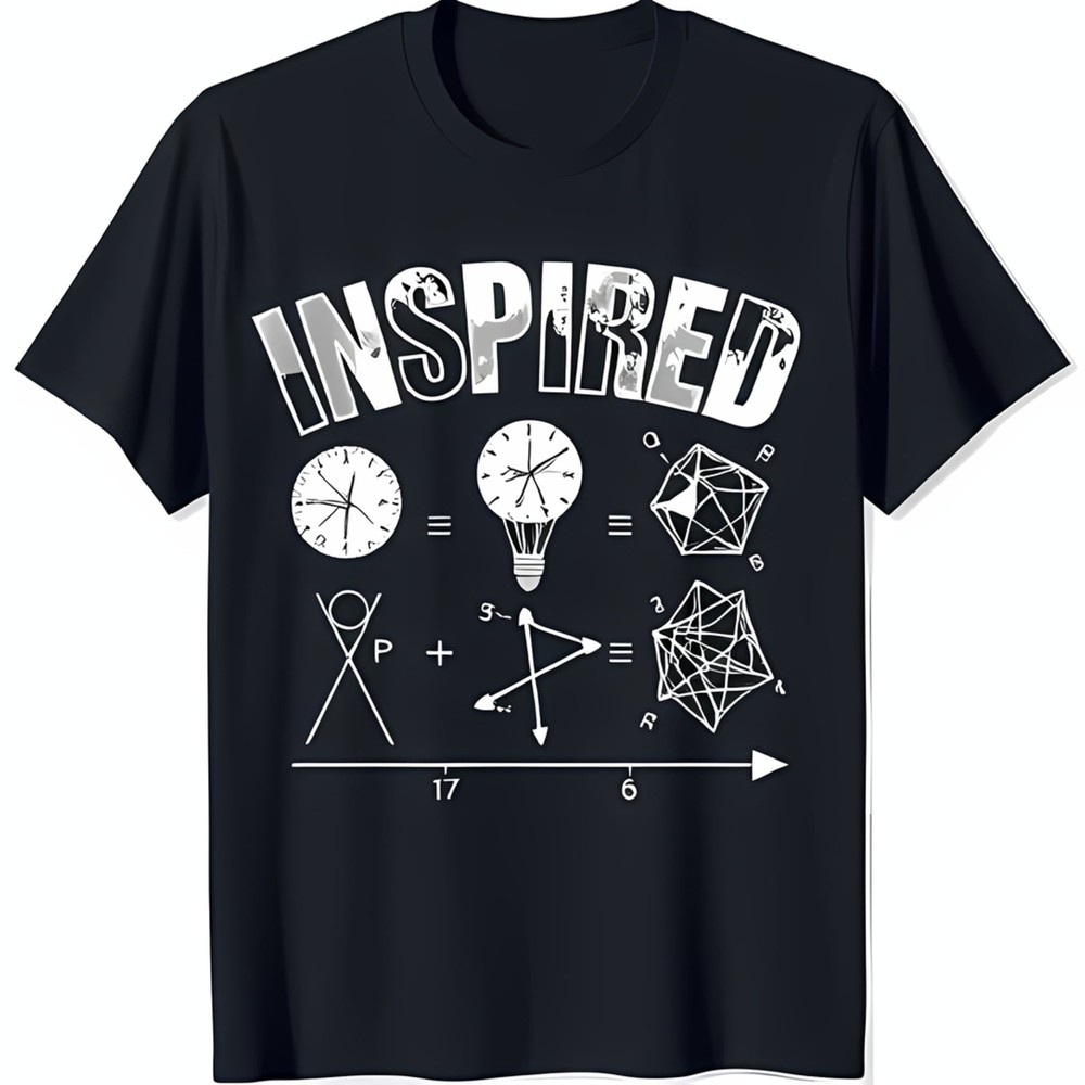Black T-Shirt with 'INSPIRED' Graphic Geometric Shapes & Light Bulb Design