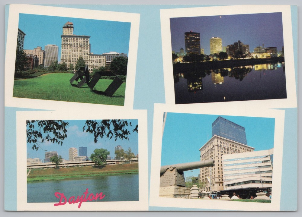 State View~Dayton Ohio~Four Views~One Night View Of Skyline~Continental Postcard