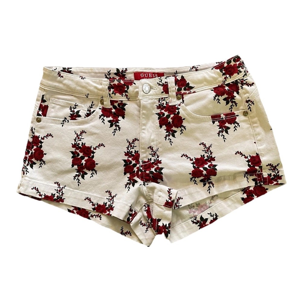 Guess Los Angeles White Denim Red Roses Floral Shorts Stretch Size 27 Cute