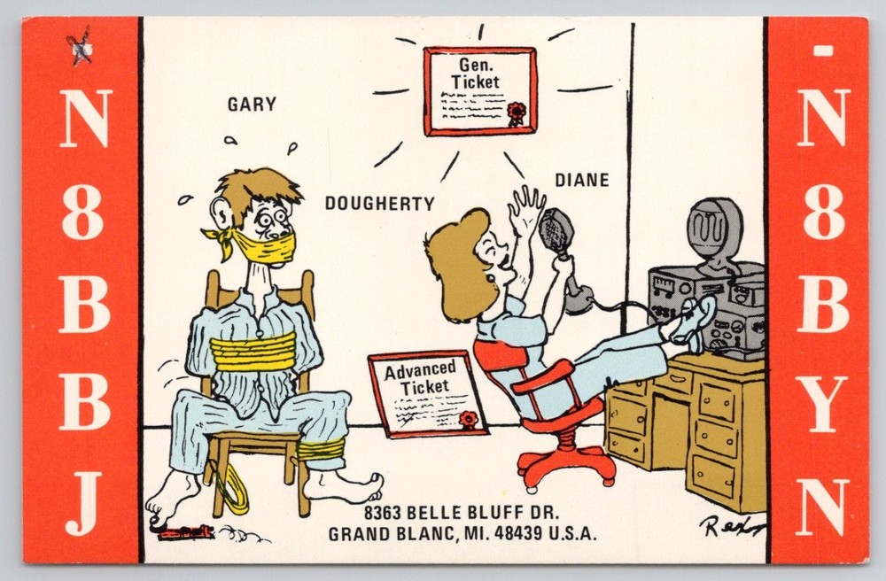 Humorous N8BBJ QSL Card Gary Tied Up Diane Ham Radio Cartoon Grand Blanc MI