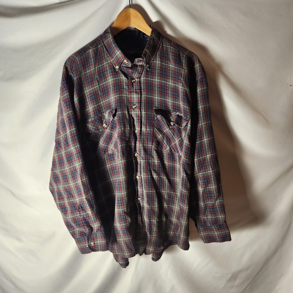 Vintage Van Heusen Plaid Flannel Shirt Mens Large 90s Acrylic Blend Red Gray