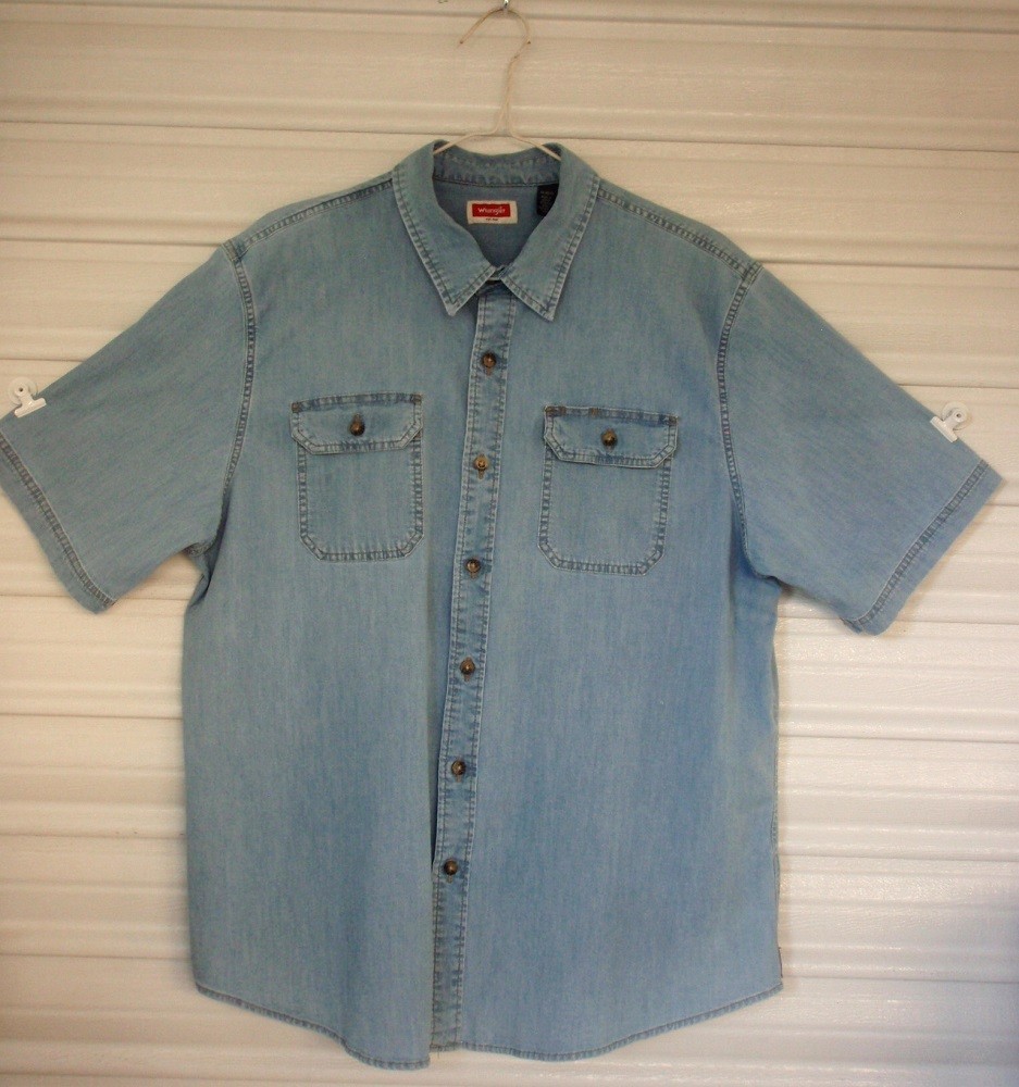 Wrangler Mens Short Sleeve Shirt XL Blue Chambray Denim Cowboy Utility