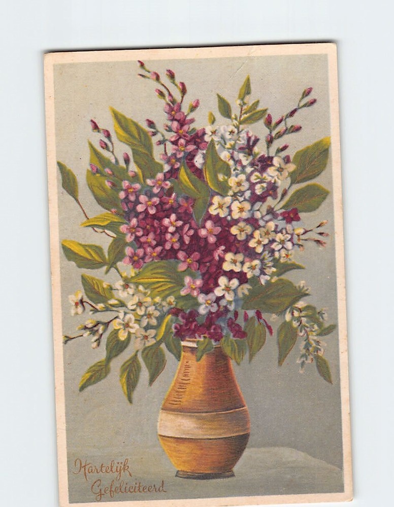 Postcard Hartelijk Gefeliciteerd with Flowers Vase Art Print
