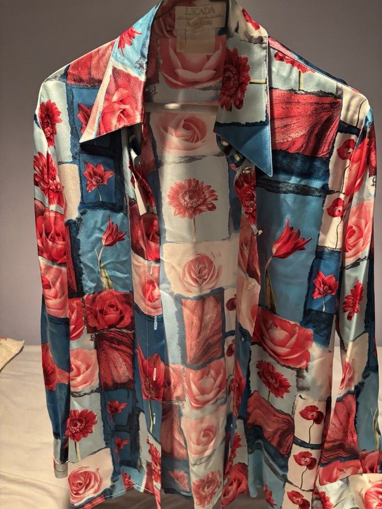 Escada Silk Satin Floral Button-Up Long Sleeve Multicolor Shirt Size 38