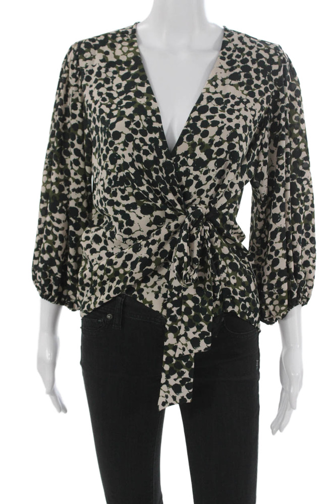Veronica M Women Wrap Blouse Beige Abstract V-Neck Long Sleeve Polyester Size LFree Shipping in US $100+ Orders | $6.95 Orders Below