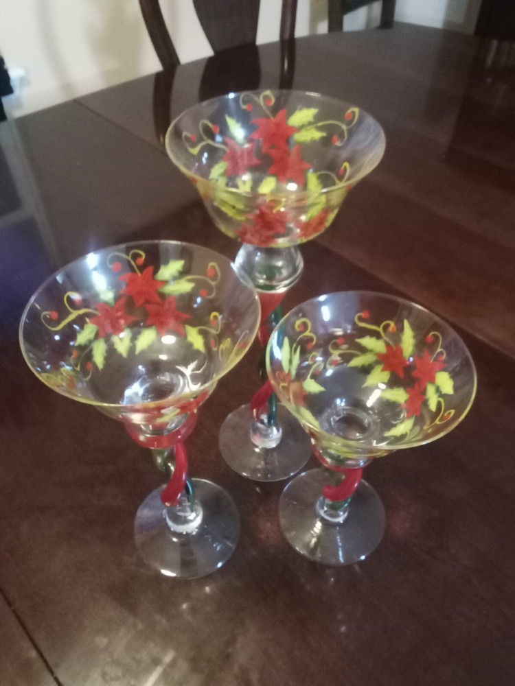 Christmas Poinsettia Hand Painted Glass Hurricane Candle Holders