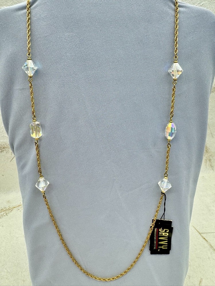 VTG Swarovski Savvy Gold tone Rope Chain Stunning Crystal Bead Necklace 28” Tags