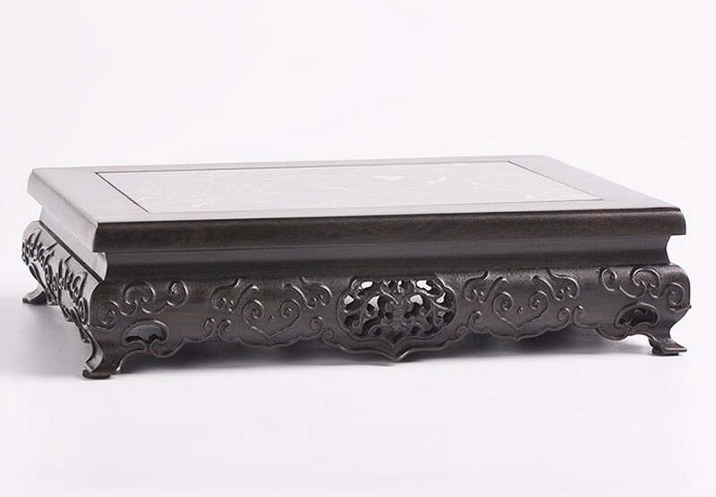 Ebony Wood Inlay Marble Stone Stand Fishbowl Bonsai Vase Flower Rack Base