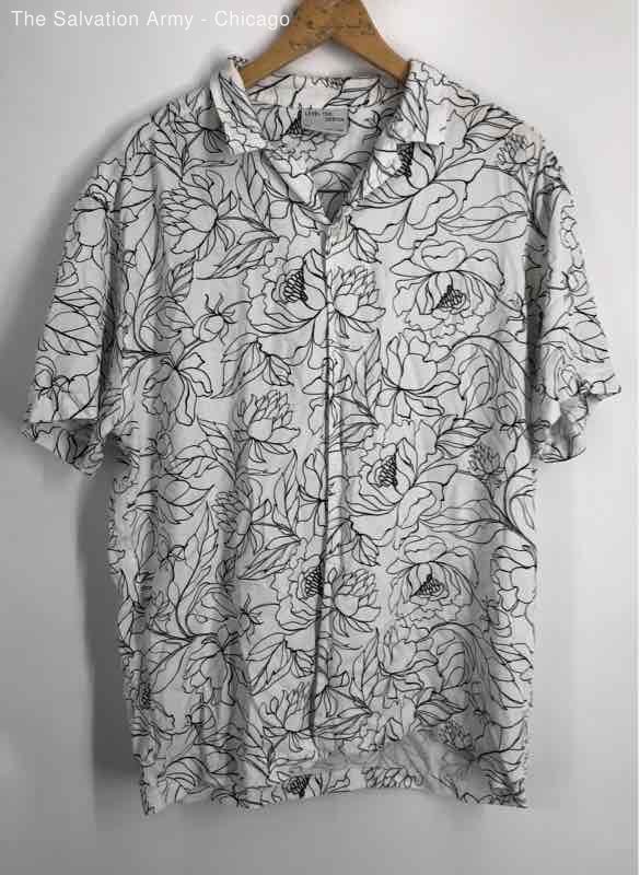 Level Ten Design Mens White Black Floral Short Sleeve Button-Up Shirt Size M