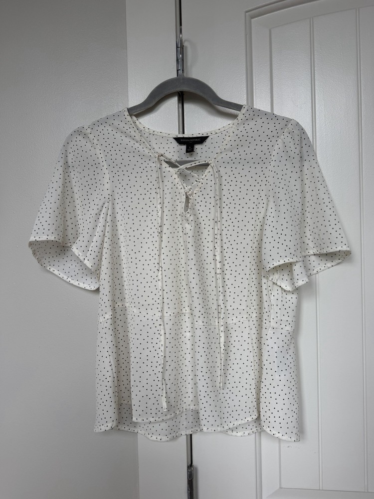 Banana Republic Women's Polka Dot Tie-Neck Blouse, Short Sleeve, S