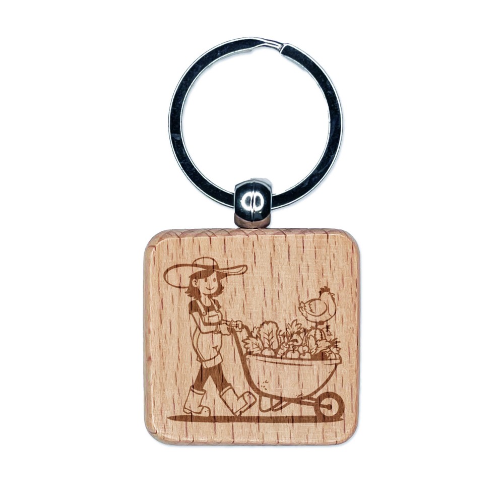 Gardener Wheelbarrow Keychain Engraved Wood with Fruits Vegetables  