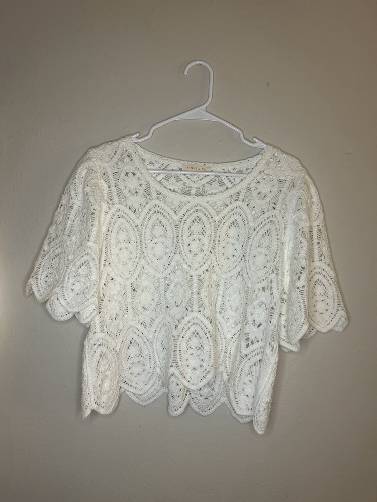 Solitaire Shirt Womens Medium White Open Crochet Cropped Boxy Boho 70s Top