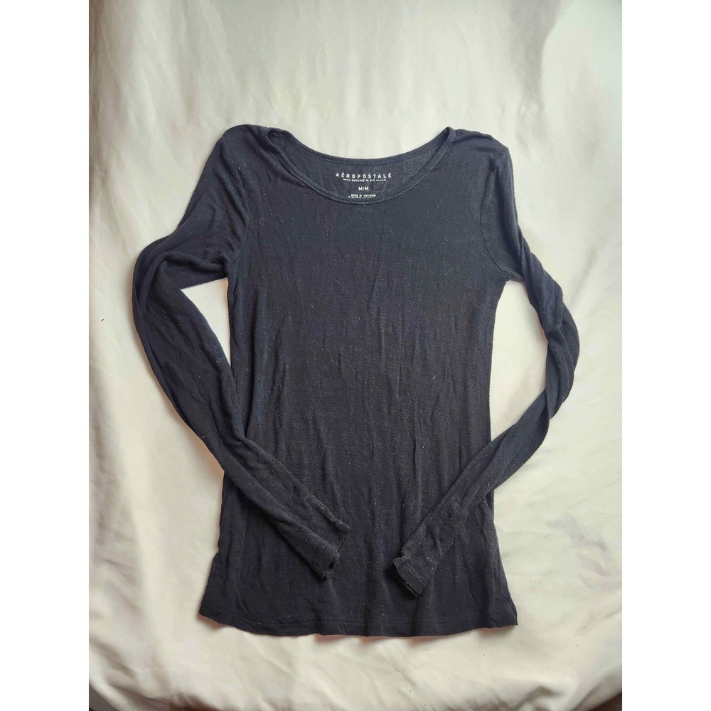 Aeropostale Womens Ribbed Long Sleeve Scoop Neck Top Black Size Medium