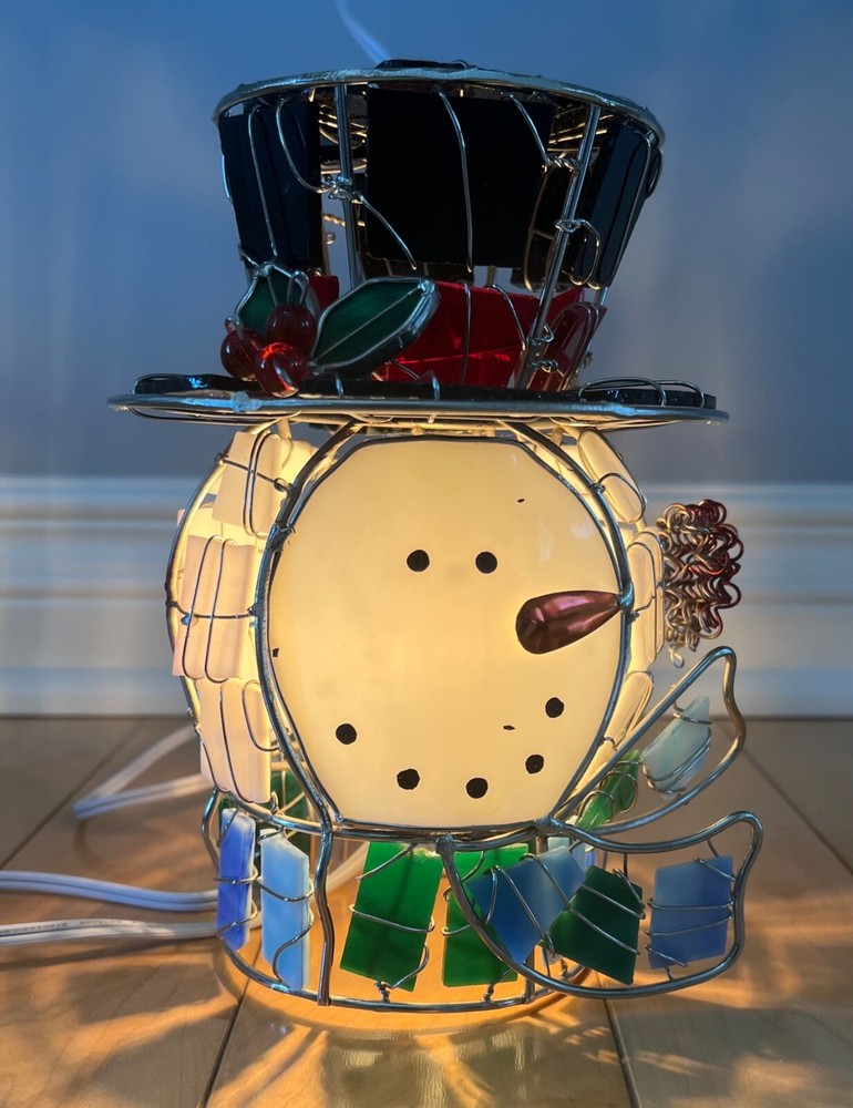 Christmas Snowman Wire Stained Glass look Accent Lamp Works-image