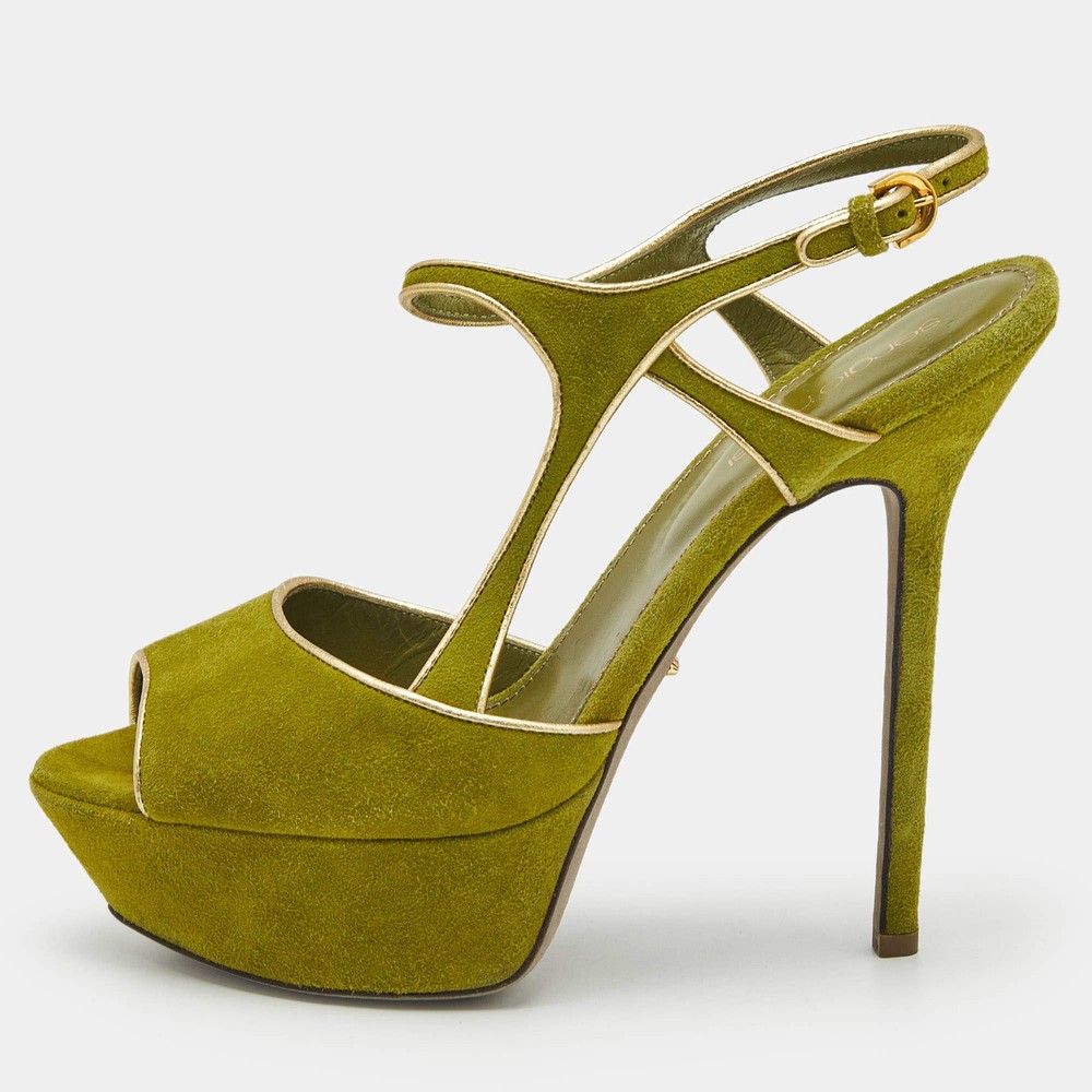 Sergio Rossi GreenGold Suede and Leather Platform Sandals Size 37