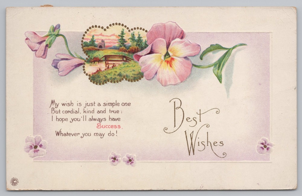 Greetings~Light Purple Flowers River Greeting Best Wishes Poem~Vintage Postcard