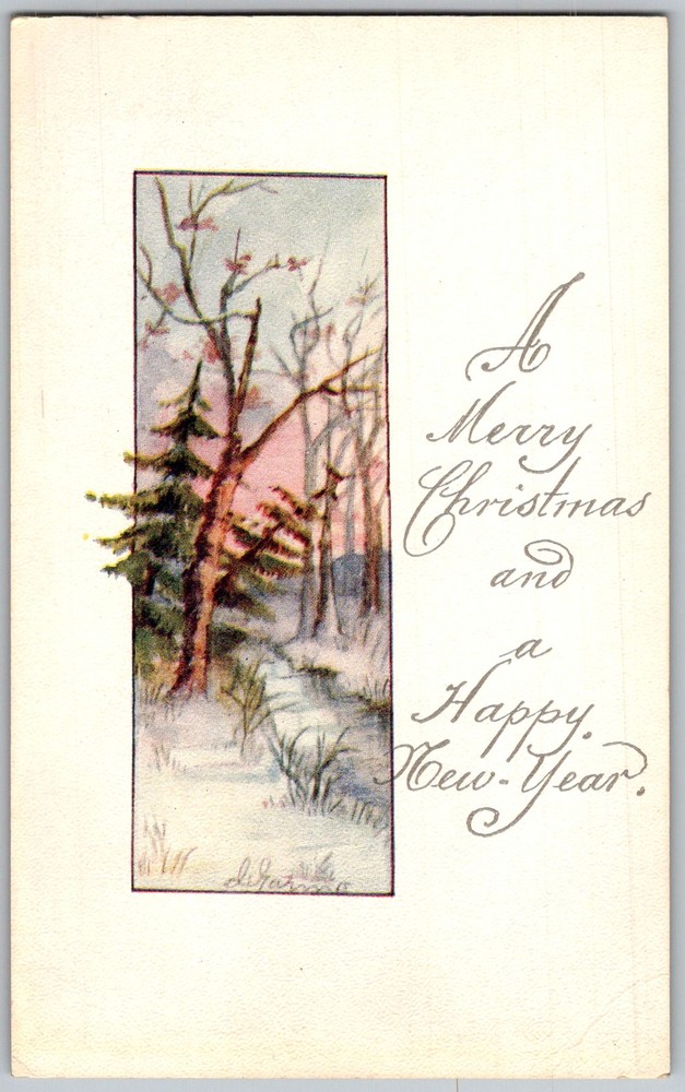 Antique Postcard Christmas Winter Woodland Scene 1910s