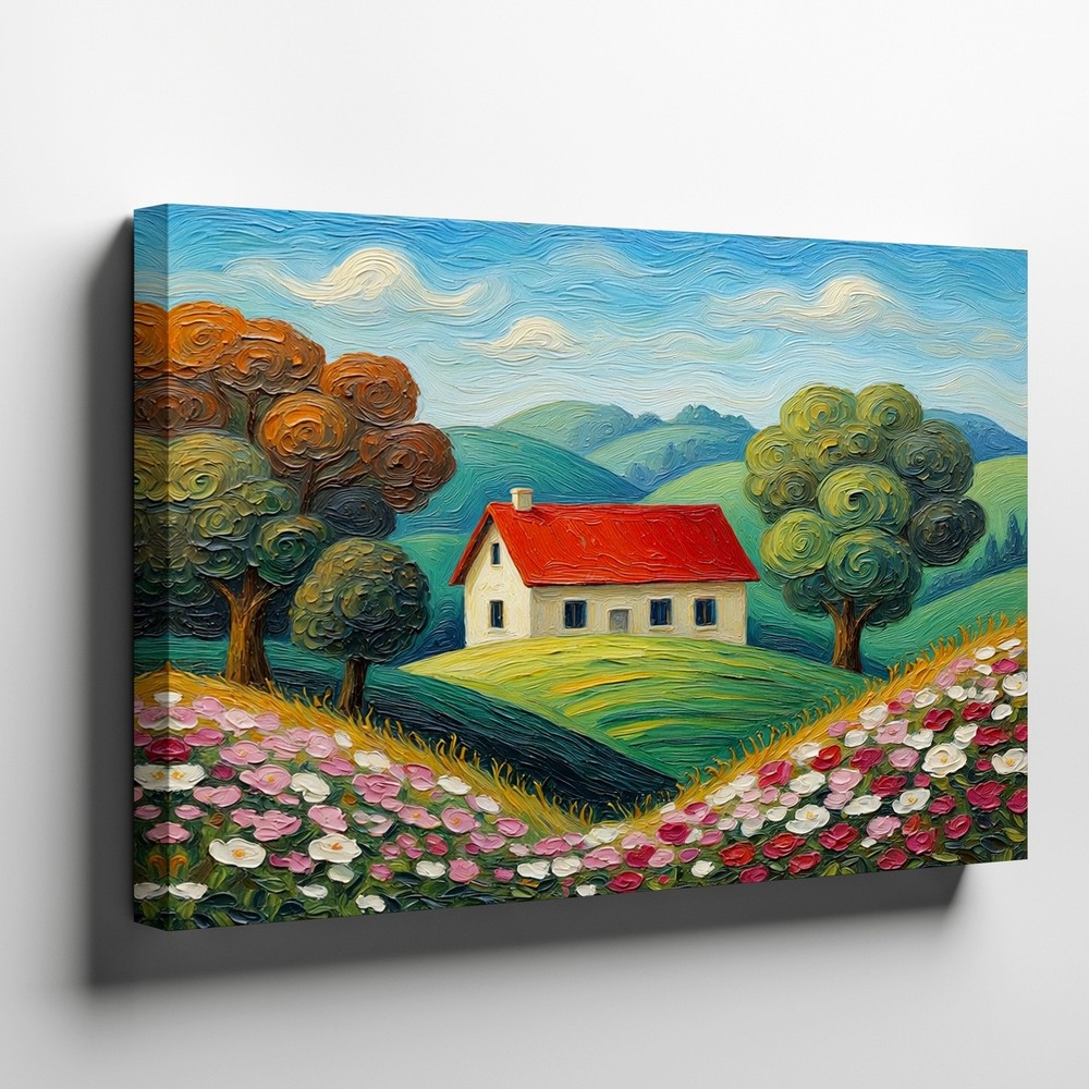 Colorful Landscape Canvas Wall Art with Cottage Hills Trees and Flowers Decor