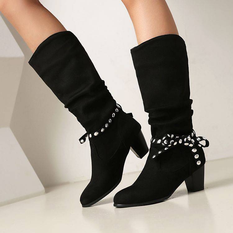 Chic Rivet Stud Bowtie Suede Block Heel Pull-On Mid Calf Boots for Women