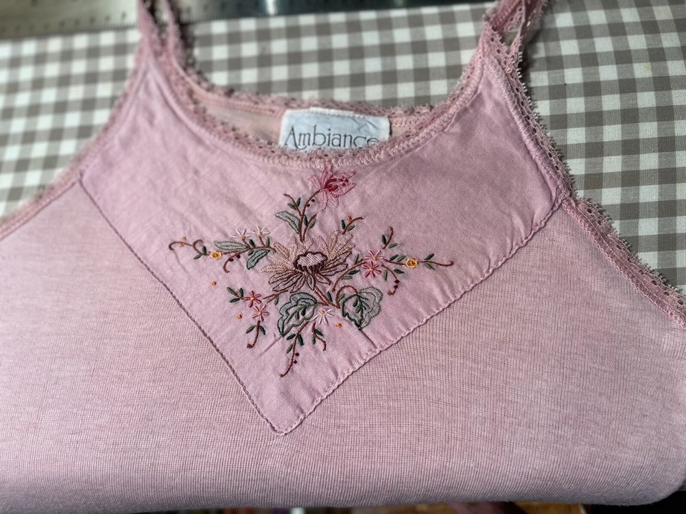 Vintage Blush Pink Cotton Tank Top with embroidered front and Lace Trim