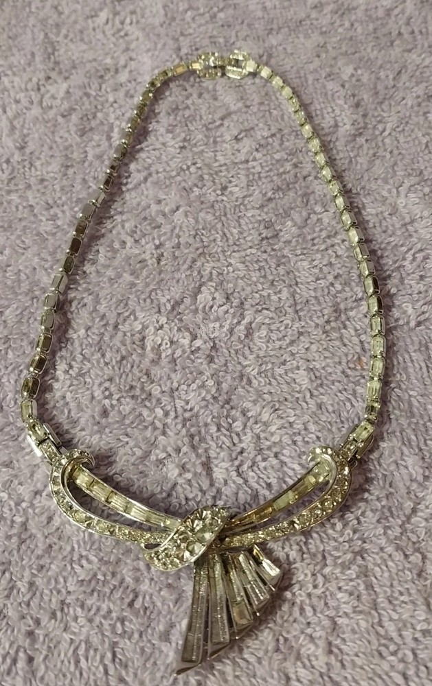 Vintage MARCEL BOUCHER #7035 Necklace Baguette Silver Tone 15” Missing Stones