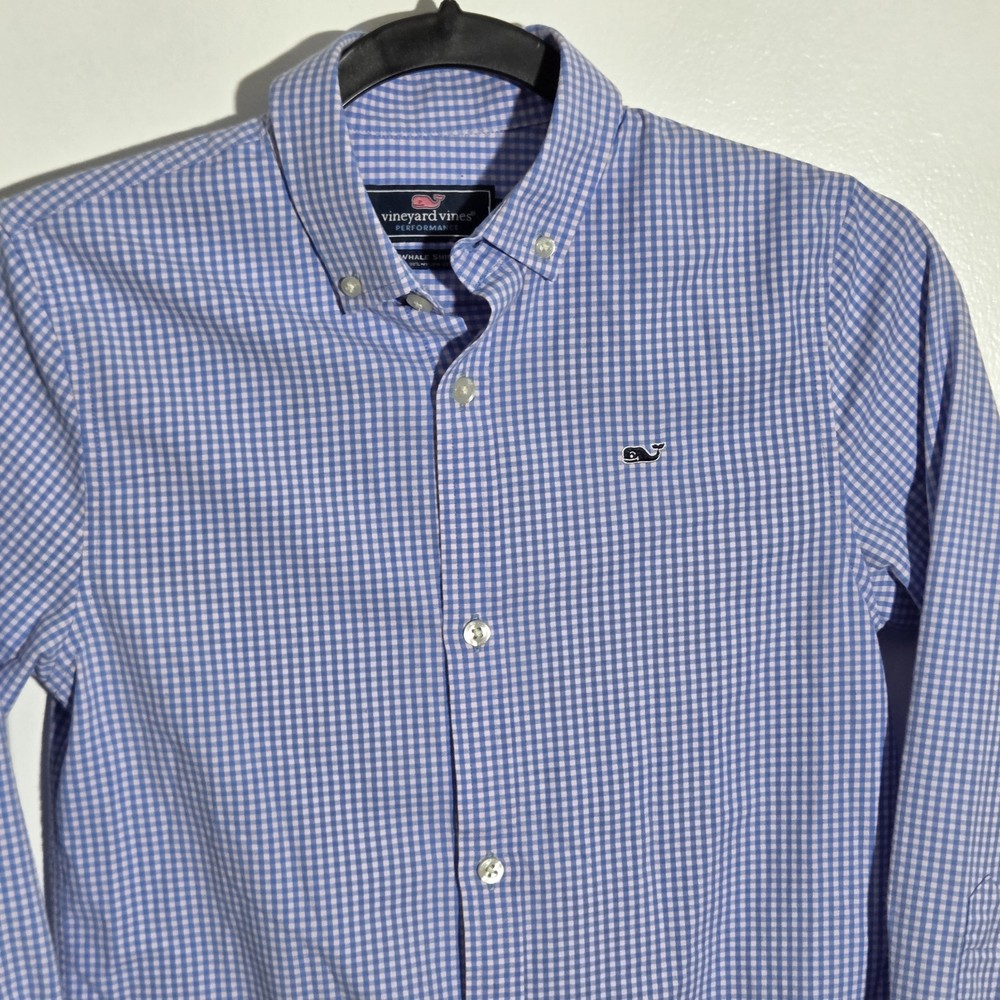 Vineyard Vines Blue Plaid Whale Shirt Boys Long Sleeved Button Down Sz S 8-10