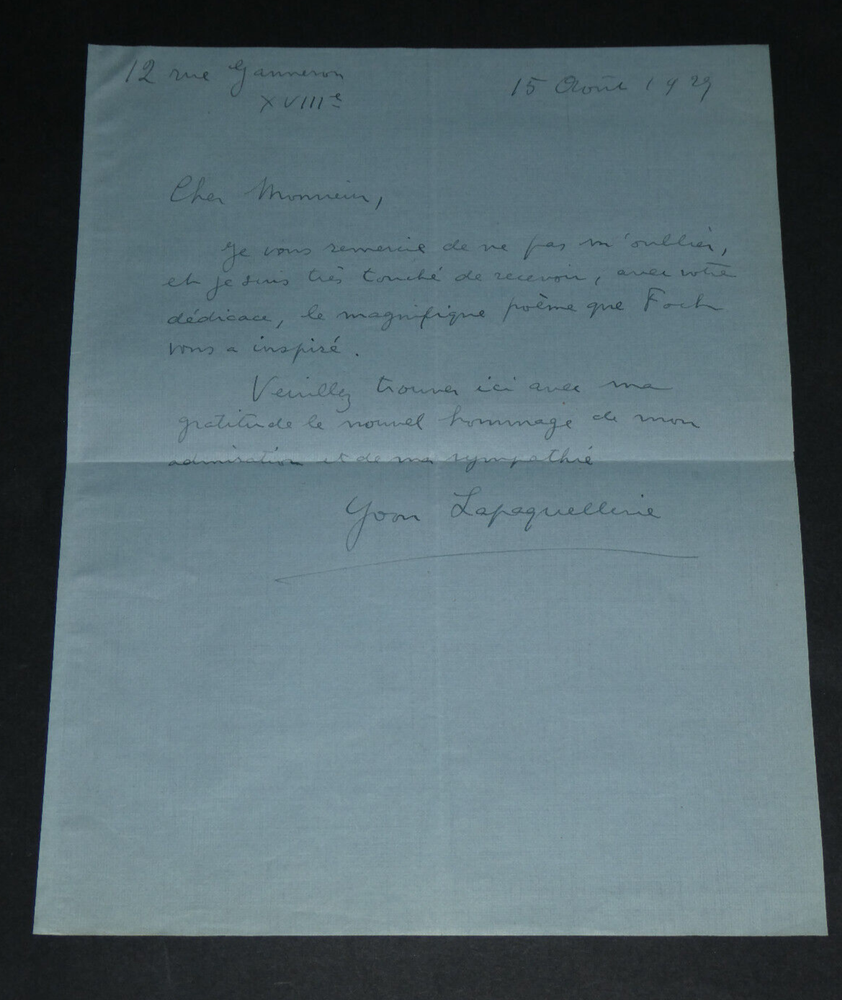 Yvon Lapaquellerie - Rare Letter Signed Autograph Armand Godoy - Foch - 1929