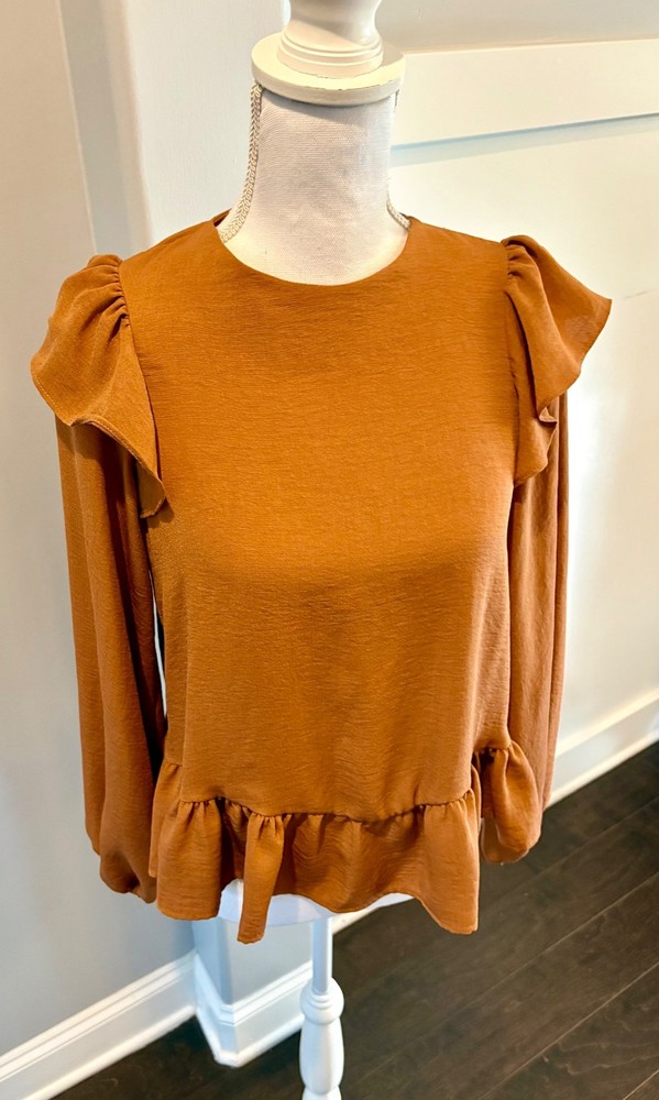 ASOS Women's Blouse Long Sleeve Ruffle Sleeve Peplum Size 4 Rust Orange
