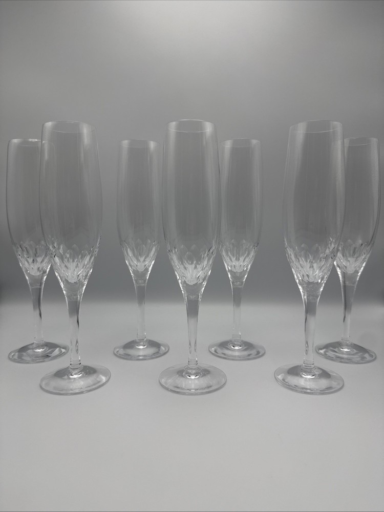 Orrefors Prelude Crystal Champagne Flutes Set of 7 Sweden Cut Glass Vintage