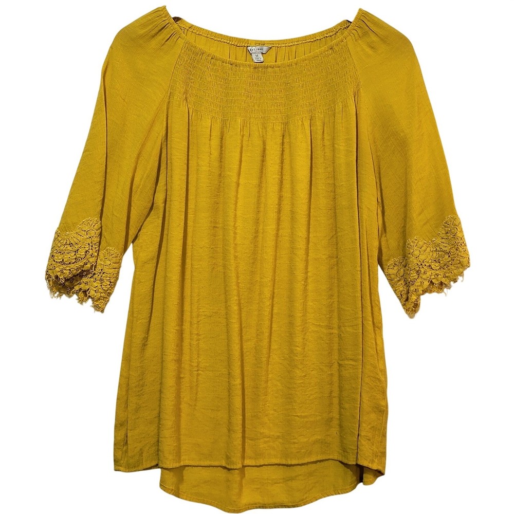 EST. 1946 Womens Mustard Yellow Smocked Neck Lace Cuff Boho Blouse Medium