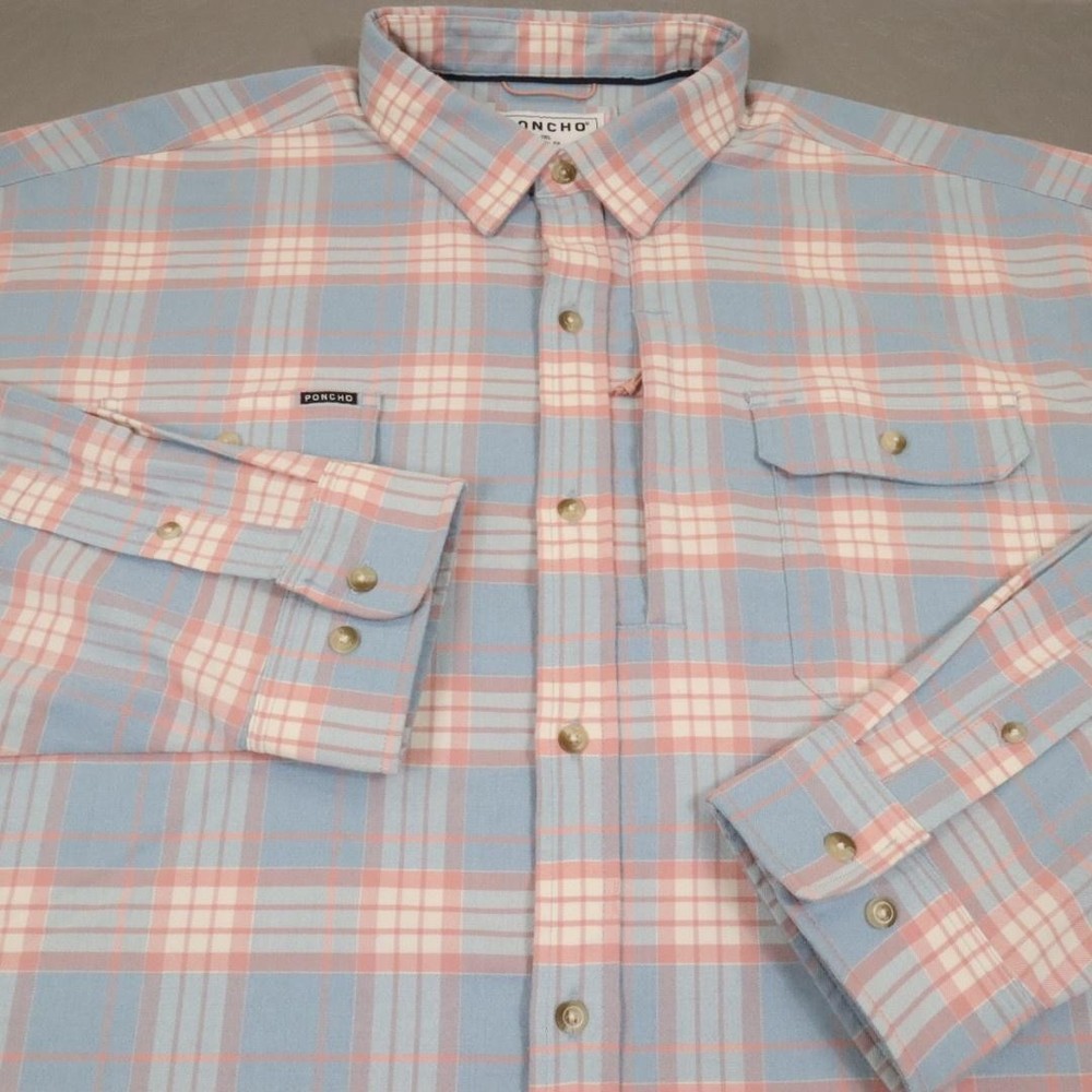 Poncho Flannel Shirt Mens 3XL Blue Pink Plaid Long Sleeve Magnetic Pockets