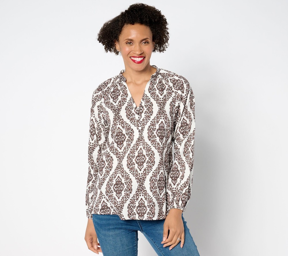 Belle by Kim Gravel Women's Top Plus Sz 4X Floral Ikat Blouson Brown A651222