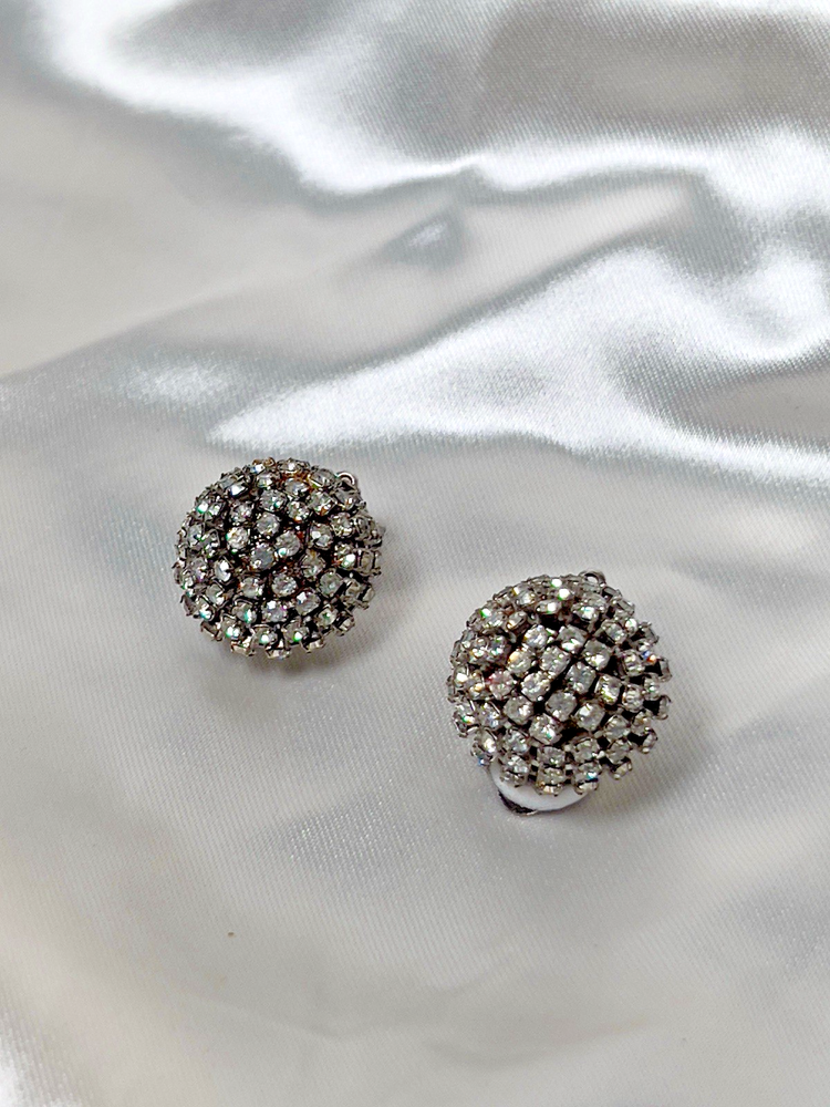 Vintage Rhinestone Silver Tone Ball Clip On Earrings