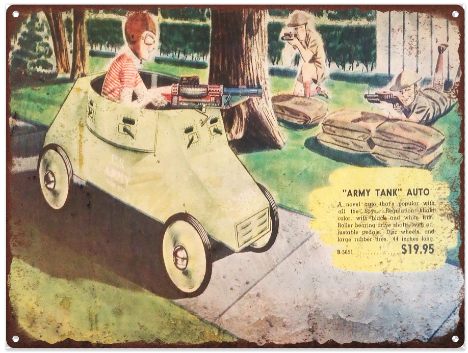 1941 Pedal Car Army Tank Advertising Baked Metal Repro Sign 9 x 12 60118