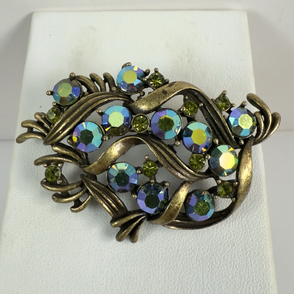 Vintage Blue Green Aurora Borealis AB Rhinestone Antiqued Brass Tone Brooch