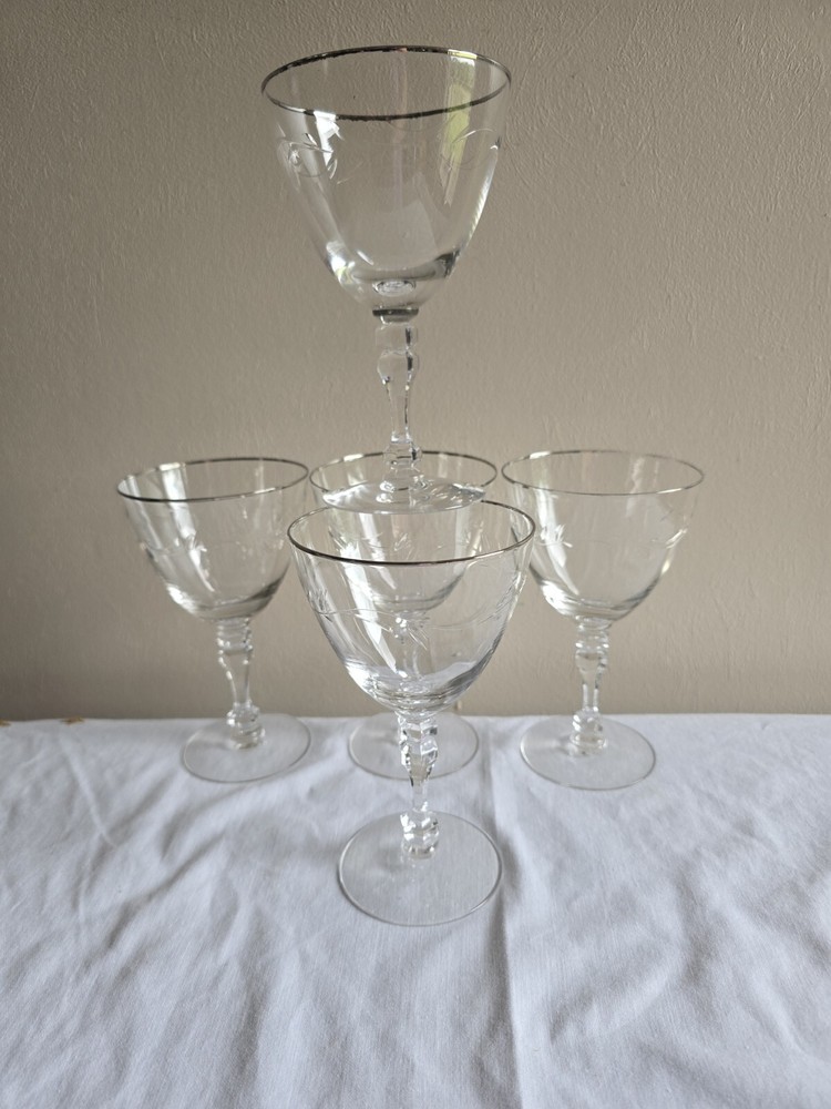 Set Of 5 VTG Lyndley Platinum Trim Tiffin-Francisan Etched Clear Wine Glasses