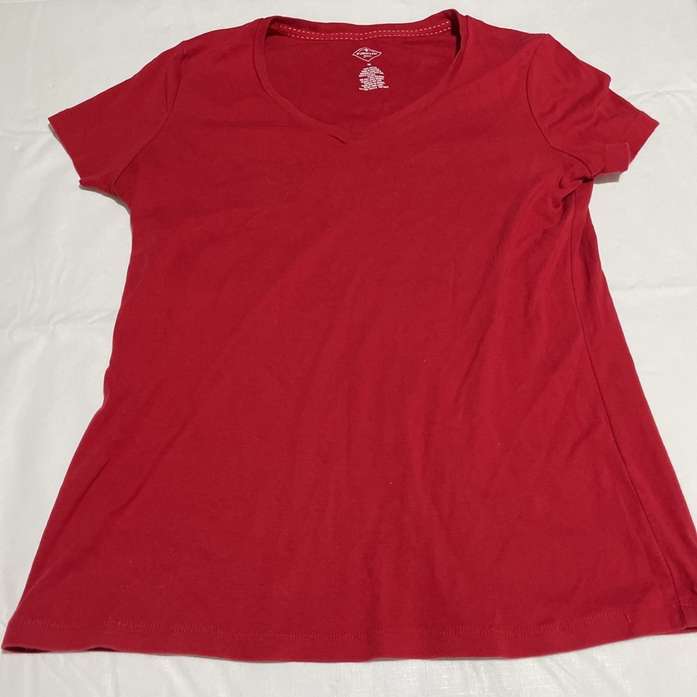 St Johns Bay Top Womens M Red V-Neck Essential Tee Shirt 1/4 Sleeve Cotton