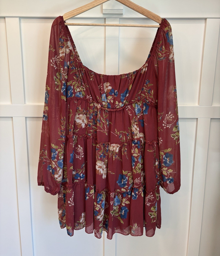 Altar'd State Burgundy Long Sleeve Floral Mini Dress - Size L