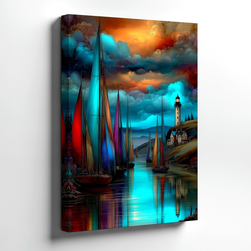 Wall Art Colorful Sailboats Lighthouse Coastal Harbor Fantasy Canvas Print Decor