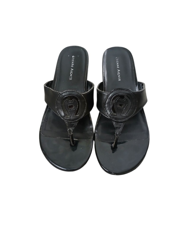 Etienne Aigner Wedge Sandals Shoes Women’s Sz 7 Black Patent Vegan Leather Logo
