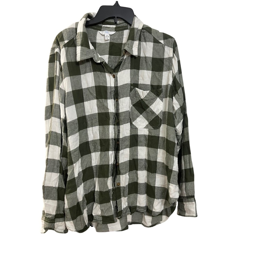 TIME TRU Womens Flannel Shirt Green White Buffalo Check Long Sleeve Button Up XL