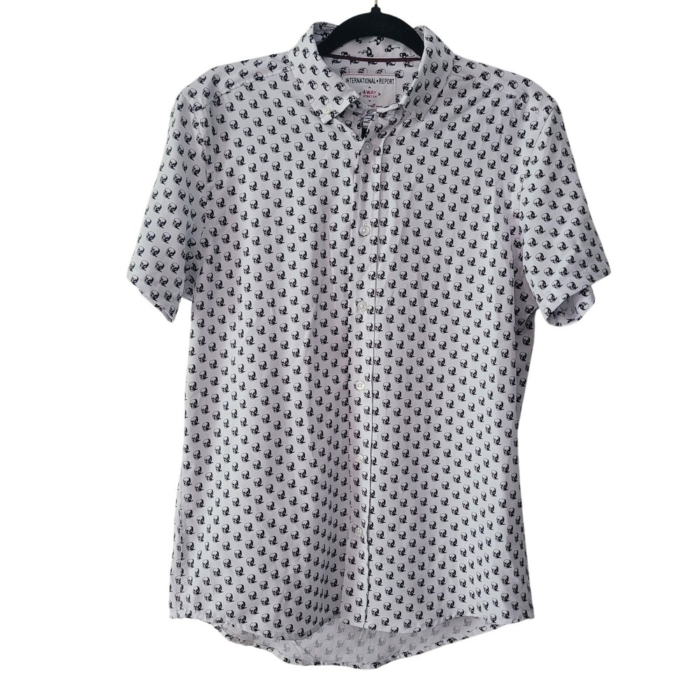 International Report Size S 4-Way Stretch Skull Print Button Up Shirt White